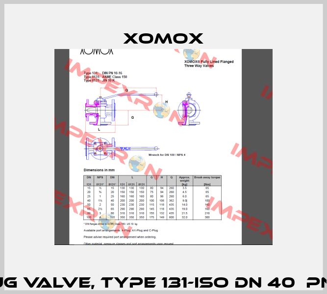 Plug valve, type 131-ISO DN 40  PN 10  Xomox