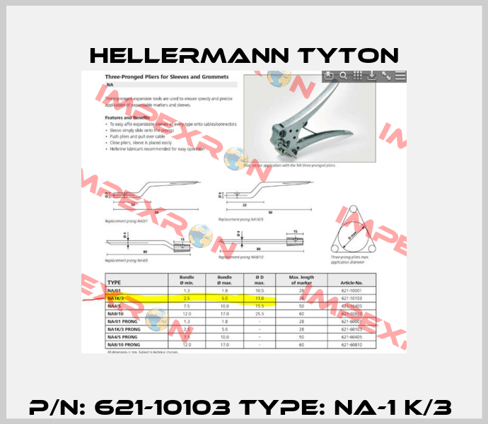 P/N: 621-10103 Type: NA-1 K/3  Hellermann Tyton